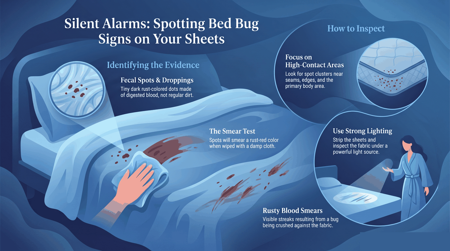 Illustrated sheet with callouts marking fecal spots and rusty blood smears as the two key signs of bed bugs on bedding