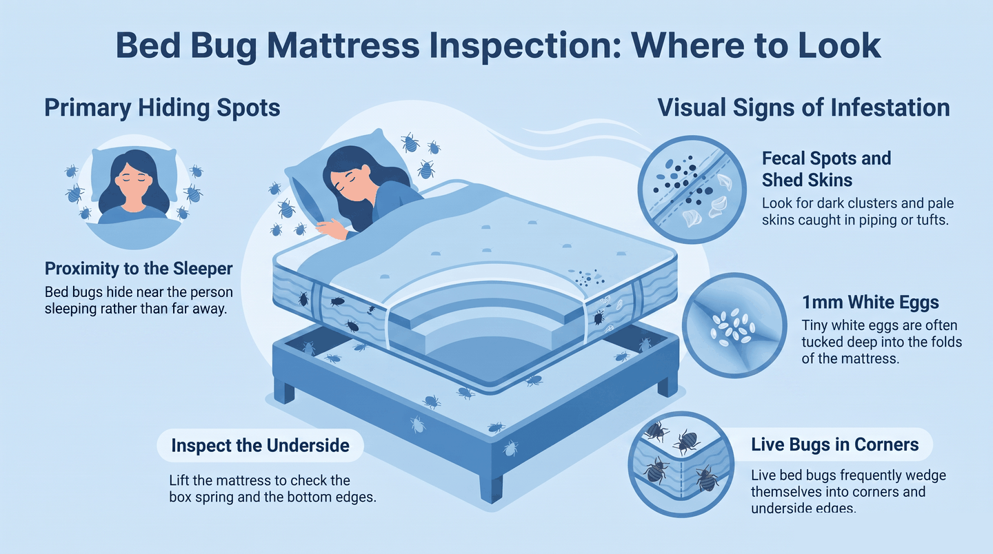 Mattress cross-section diagram with callout labels on seams, piping, tufts, underside edge, and box spring as prime bed bug hiding spots