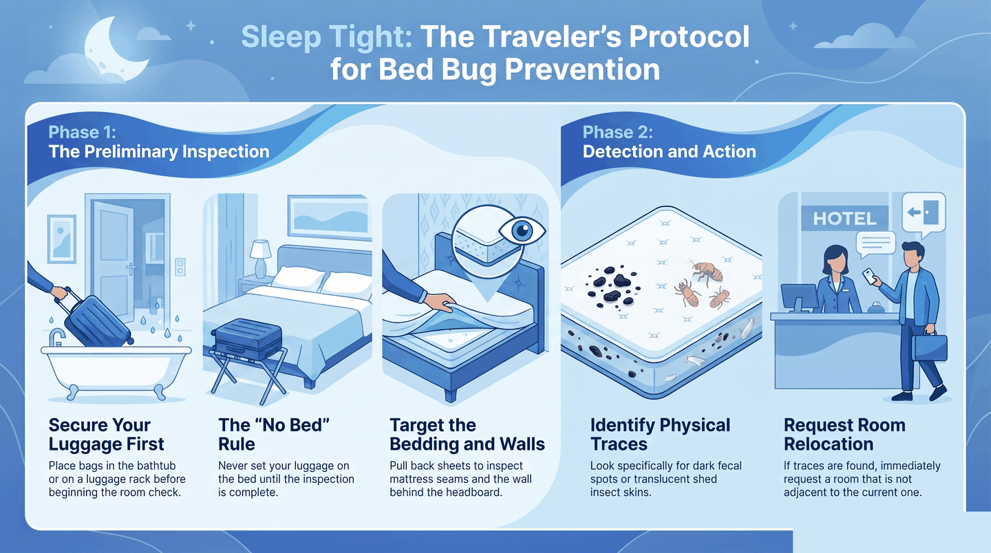 Five-step numbered infographic for inspecting a hotel room for bed bugs before unpacking, including luggage placement and where to look
