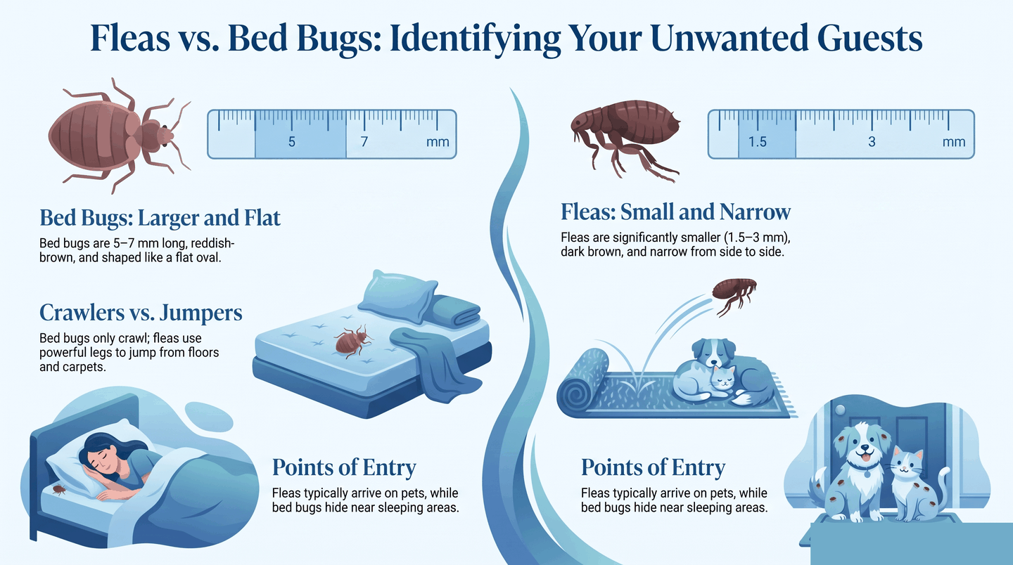 Illustrated side-by-side comparison of a flea and a bed bug showing size, shape, and movement differences