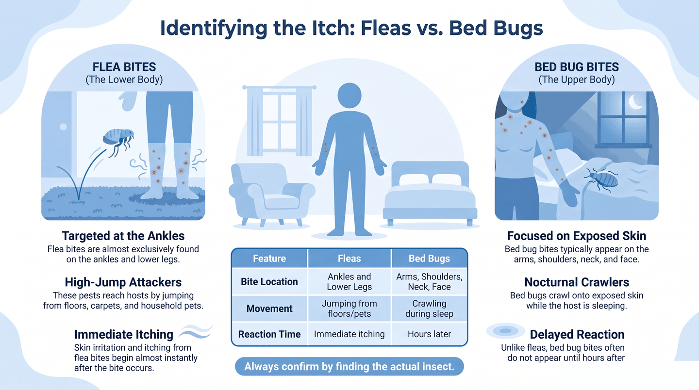 Body-map illustration showing flea bite zone at ankles and lower legs versus bed bug bite zone on arms, shoulders, neck, and face