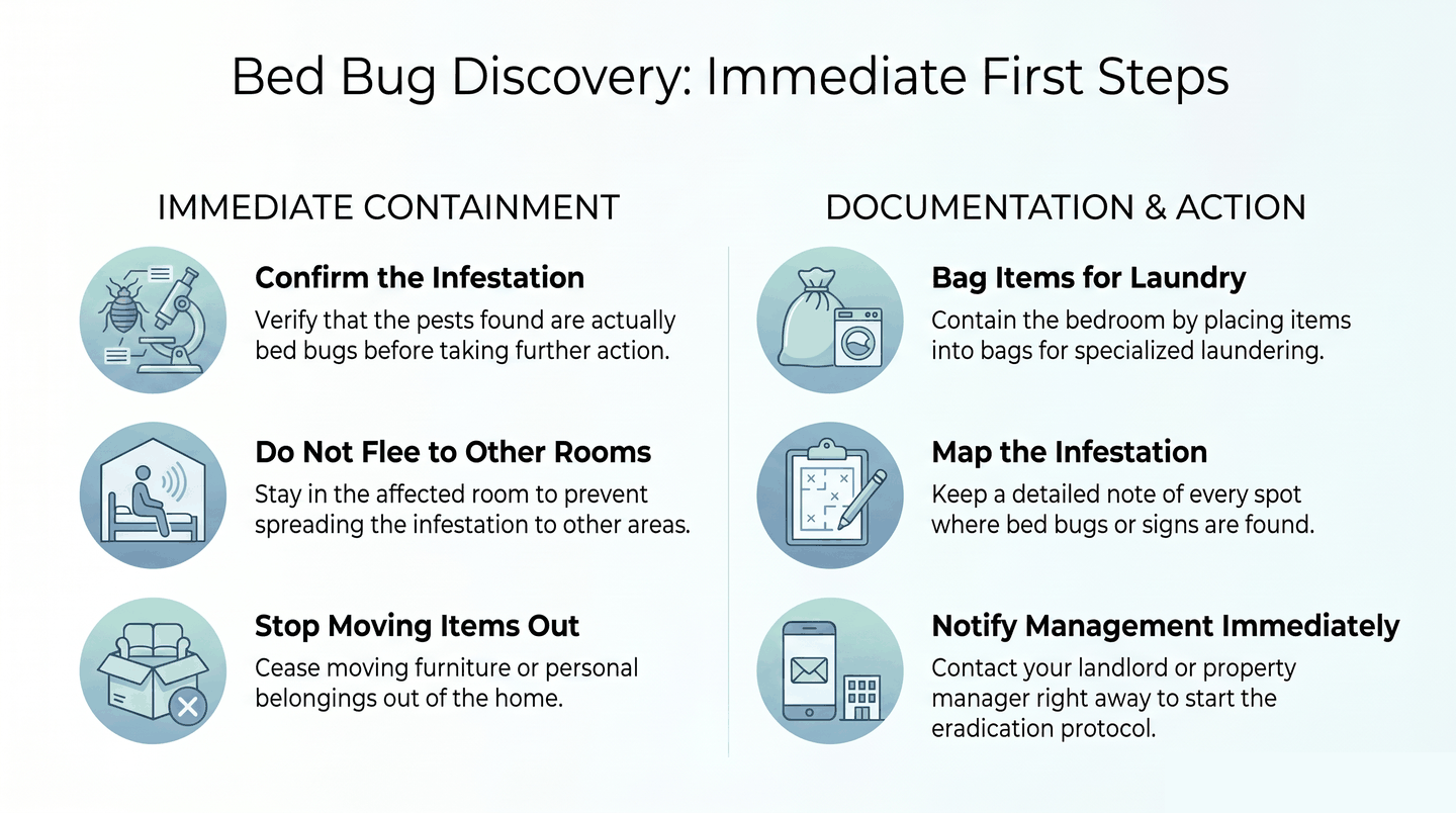 Checklist of immediate first steps when you find bed bugs: confirm, don't flee, stop moving items, contain, document, tell landlord