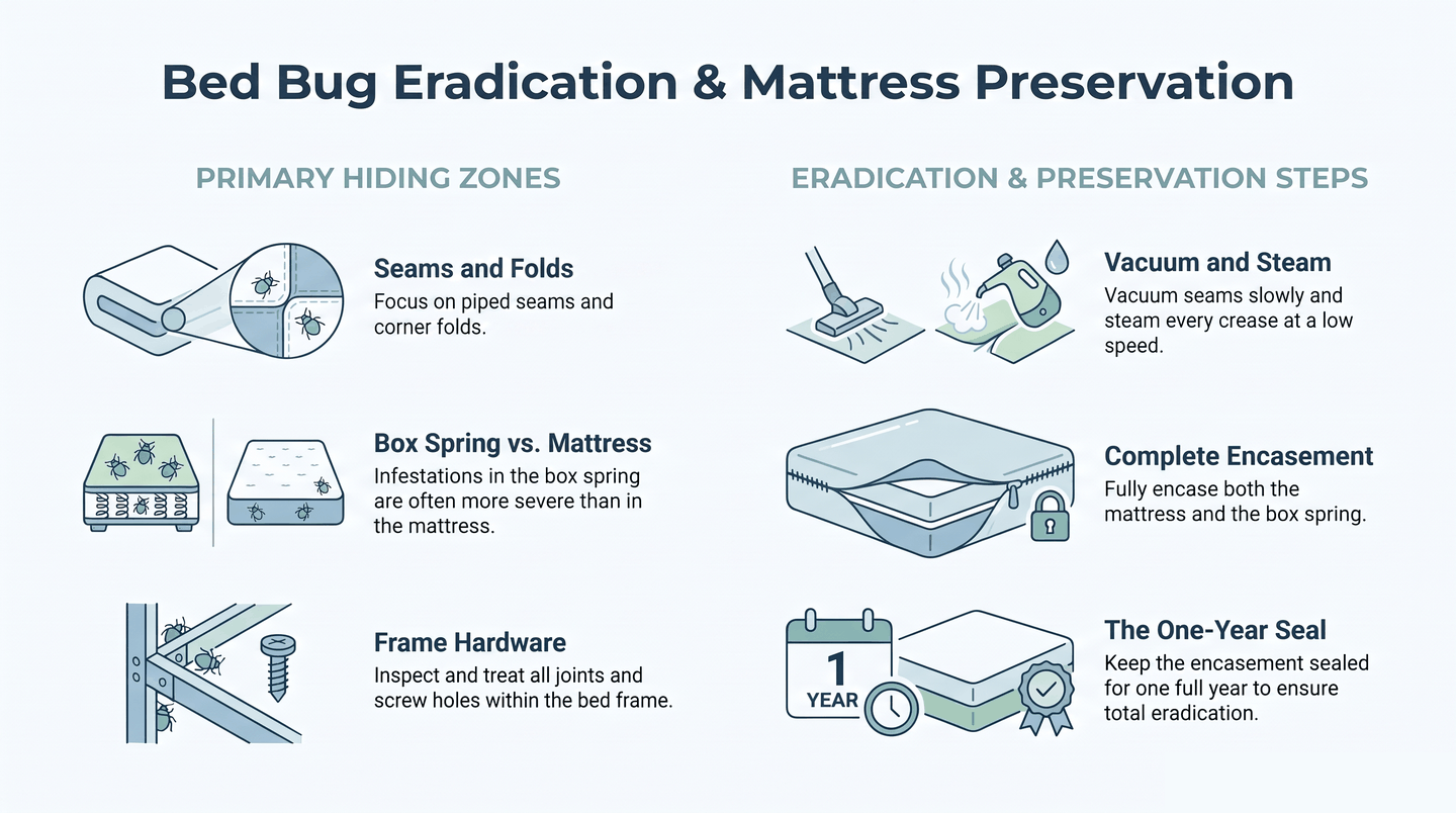Mattress bed bug treatment: where bugs hide (seams, box spring, frame) and the steps to vacuum, steam, encase, and seal for one year