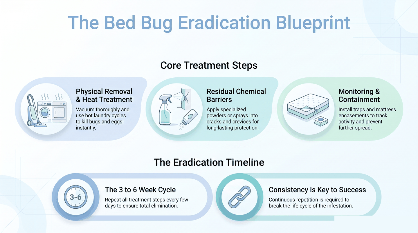 The bed bug eradication blueprint: physical removal and heat, residual chemical barriers, monitoring, repeated over a three to six week cycle