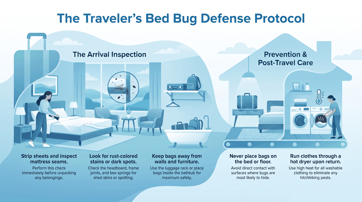 Step-by-step hotel room bed bug inspection routine for travelers