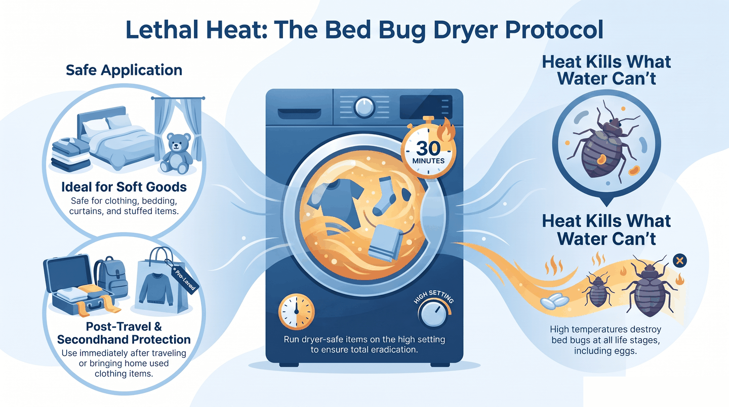 Hot dryer on high heat for 30 minutes kills bed bugs and their eggs in washable textiles