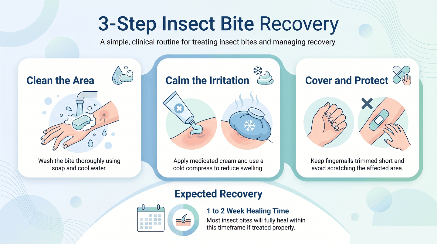 3-step bed bug bite relief routine: clean the area, calm the irritation, cover and protect, with a one to two week healing time