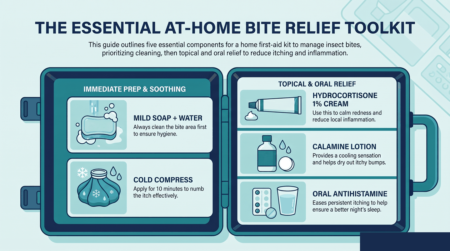 At-home bed bug bite toolkit: cold compress, 1% hydrocortisone cream, calamine lotion, oral antihistamine, and mild soap
