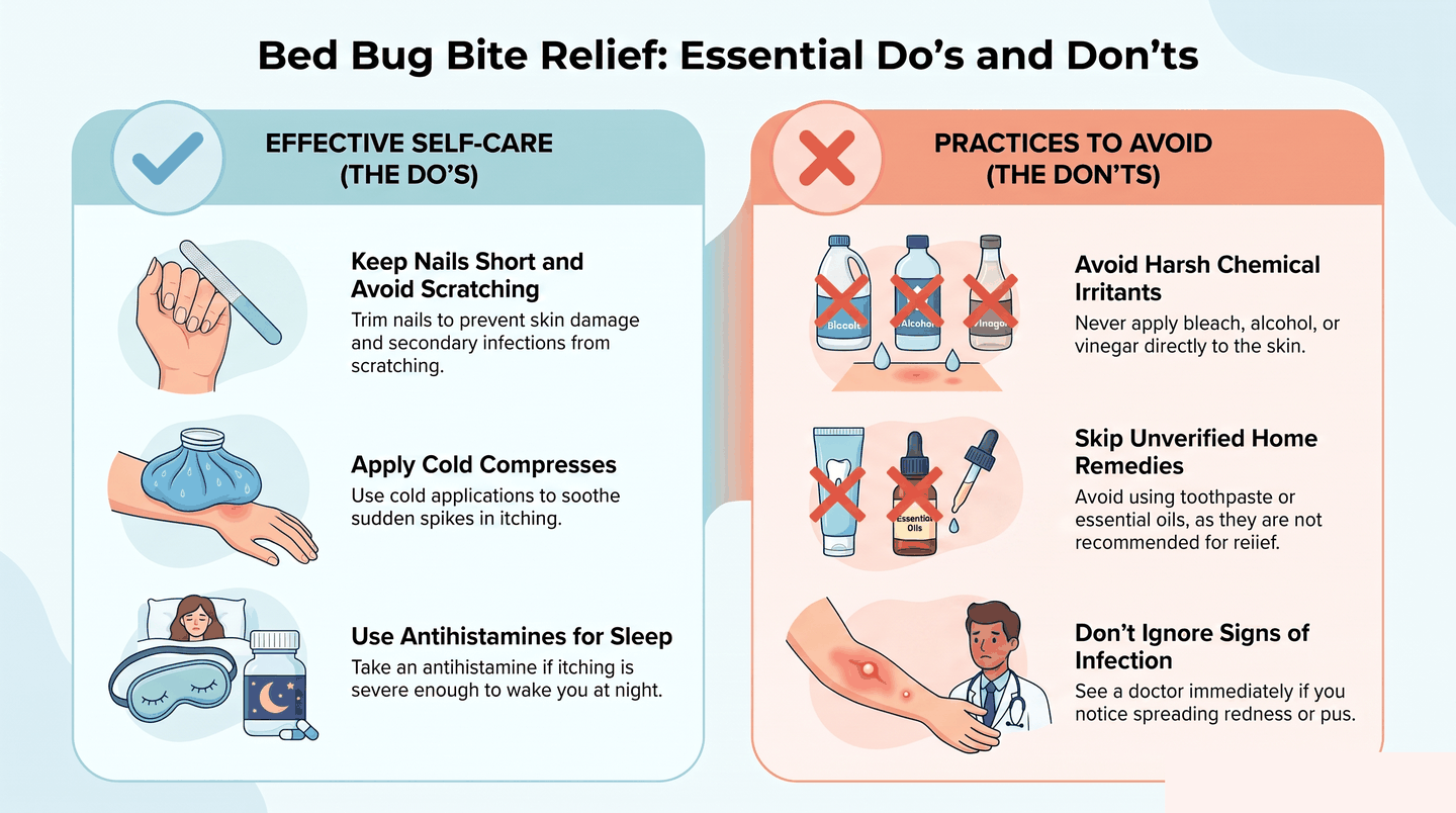Bed bug bite self-care do's and don'ts: keep nails short, cold compress, antihistamine for sleep; avoid harsh chemicals, unverified remedies, and watch for infection