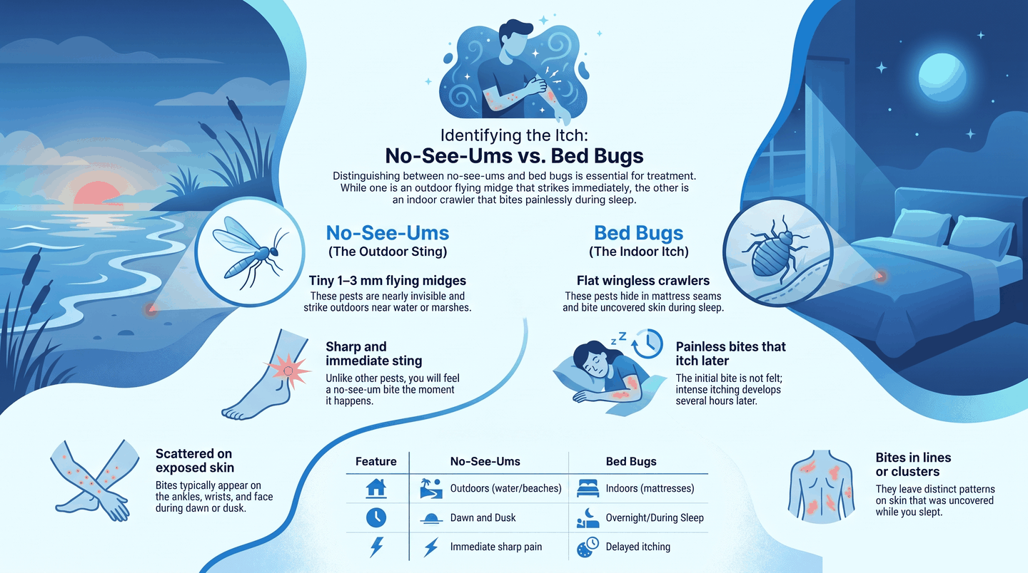Side-by-side infographic comparing no-see-um bites vs bed bug bites: no-see-ums are tiny 1–3 mm outdoor midges with an immediate sting; bed bugs are flat indoor crawlers whose bites are painless at first and itch later