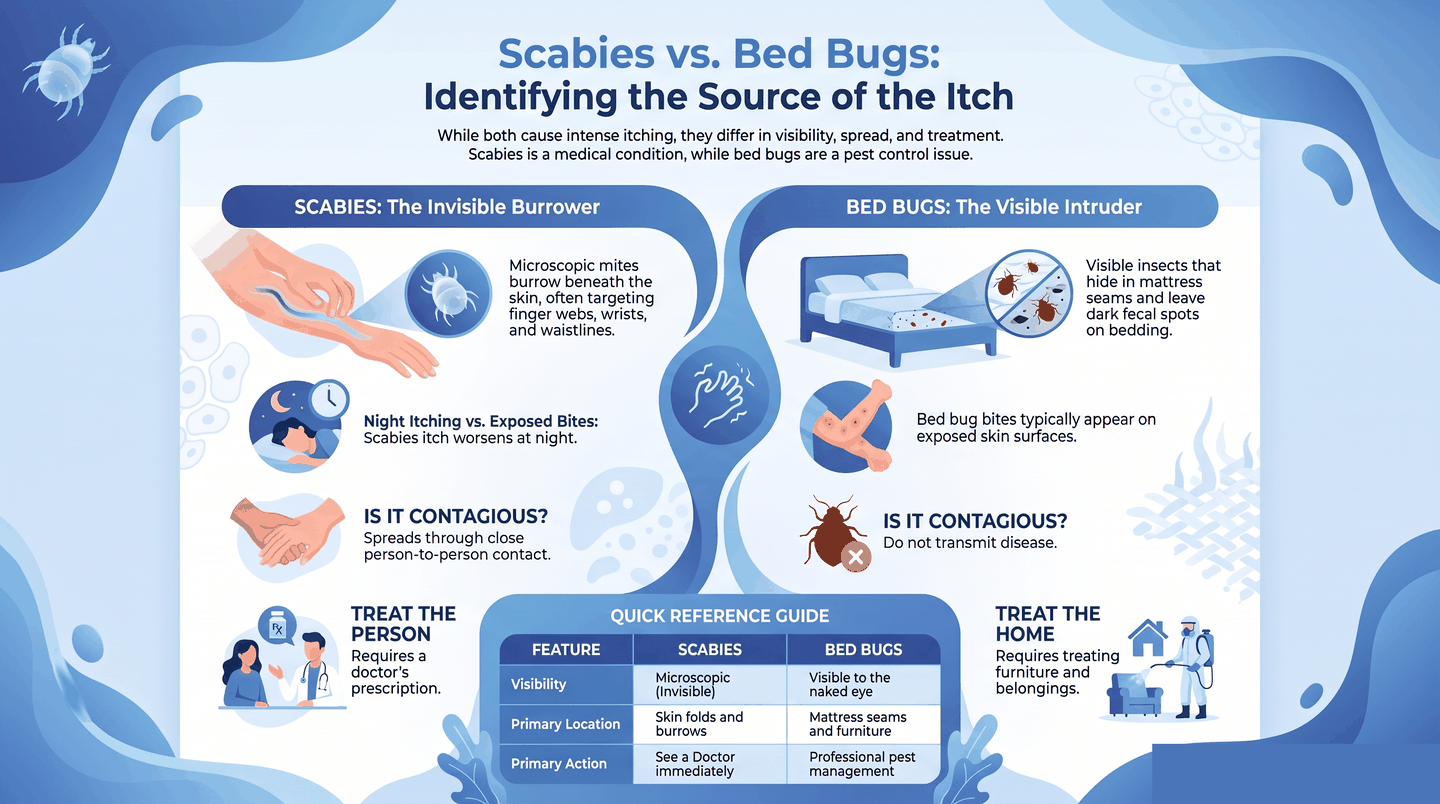 Scabies vs bed bugs side-by-side: microscopic mites burrowing into skin folds versus visible insects hiding in mattress seams