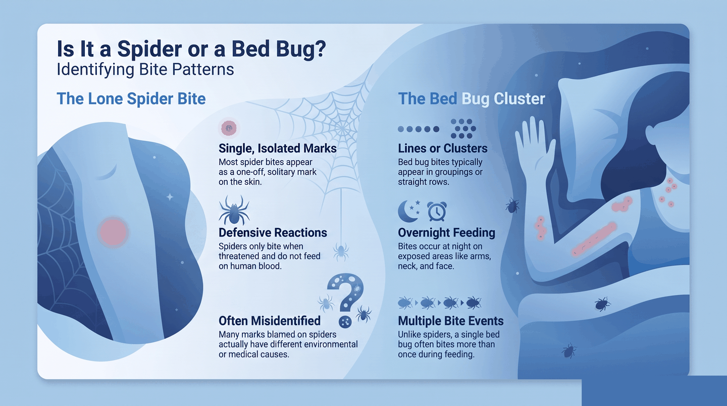 Infographic comparing spider bites vs bed bug bites: spider bite is a single isolated mark caused by defensive behavior, while bed bug bites appear in lines or clusters on exposed sleeping skin