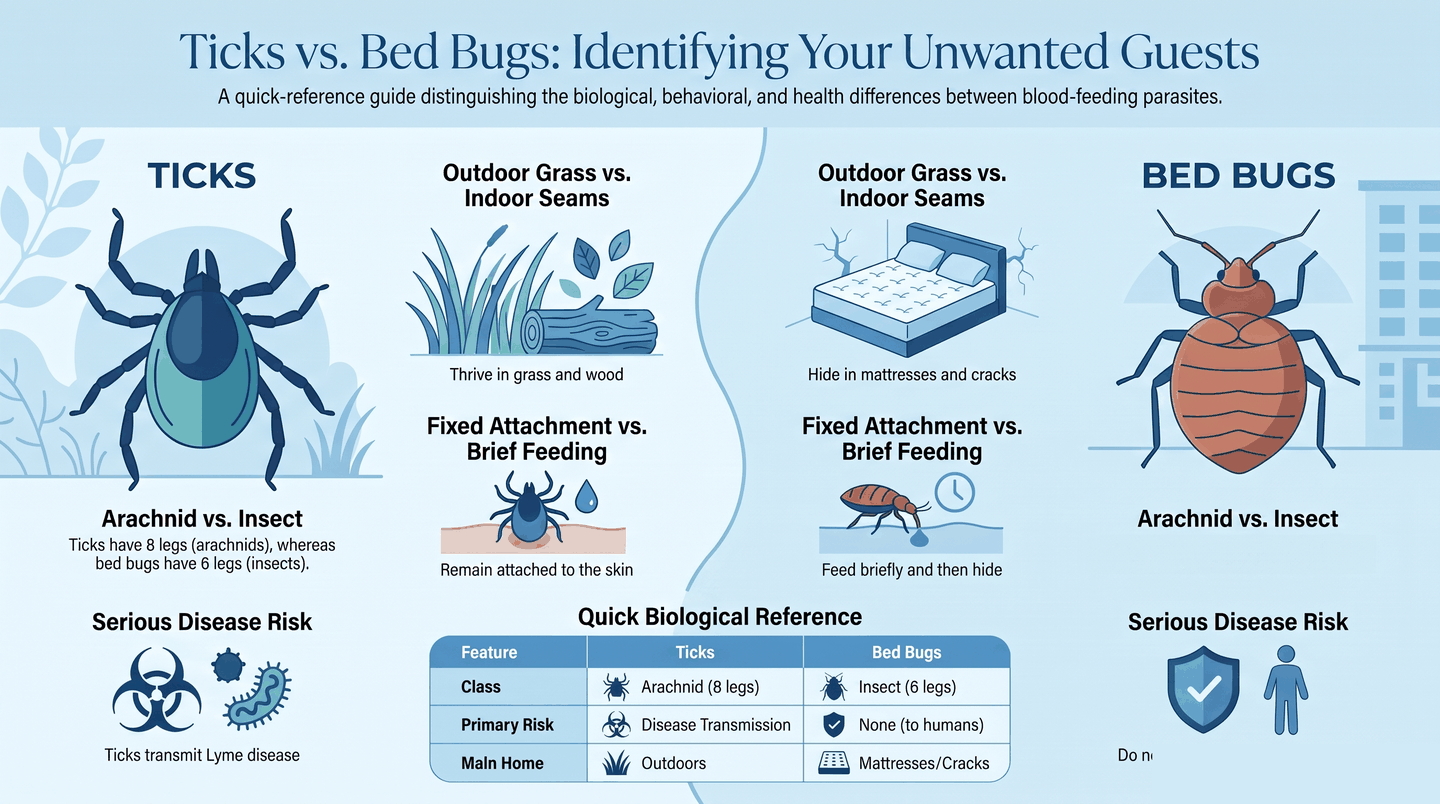 Infographic comparing tick vs bed bug: tick is an 8-legged arachnid that attaches to skin and can spread Lyme disease; bed bug is a 6-legged insect that hides in cracks and does not transmit disease