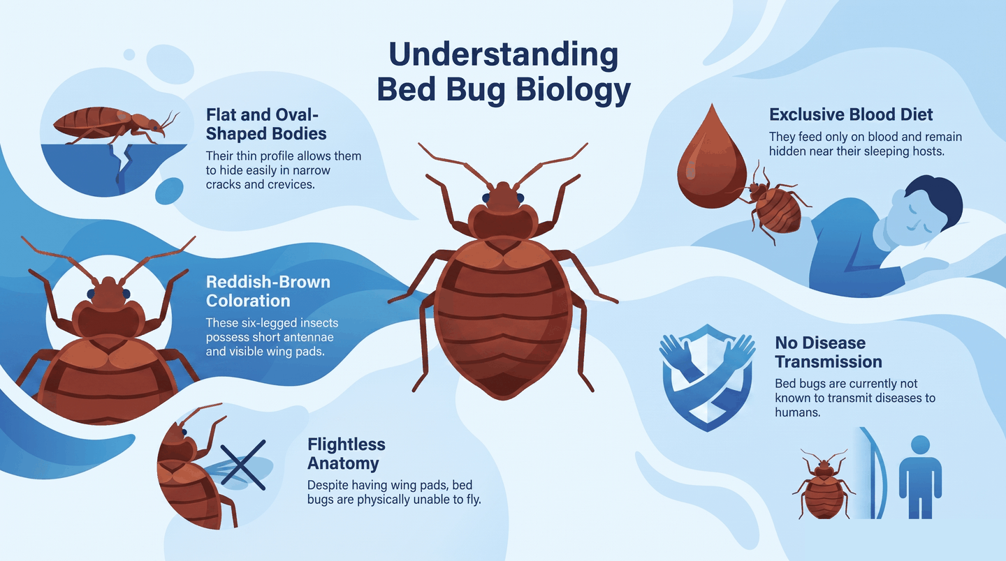 Infographic showing the four key defining traits of bed bugs