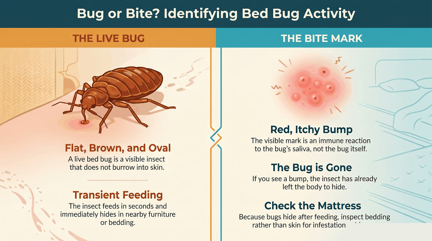 Infographic comparing a live bed bug with the bite mark it leaves