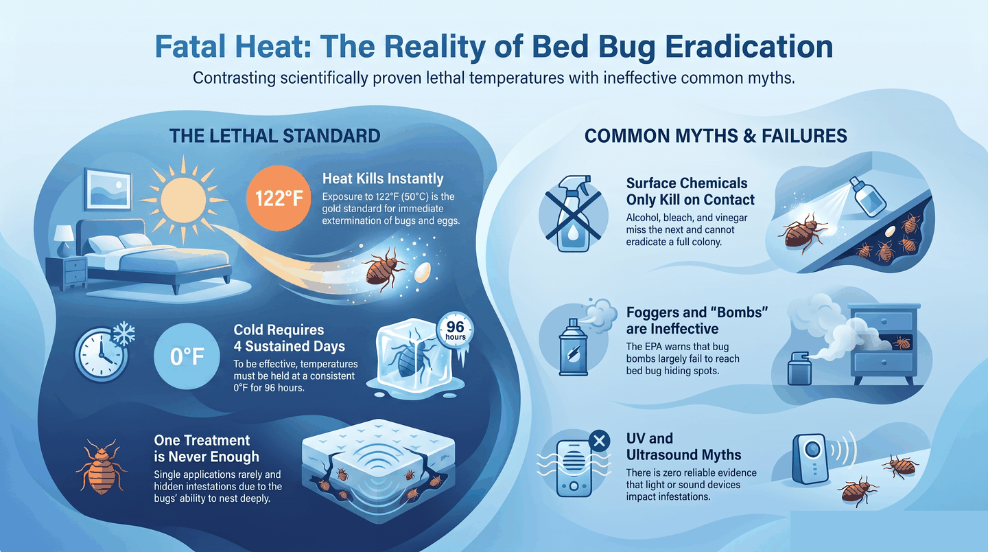 Infographic showing heat kills bed bugs at 122°F instantly, cold at 0°F in four days, while foggers and sprays fail