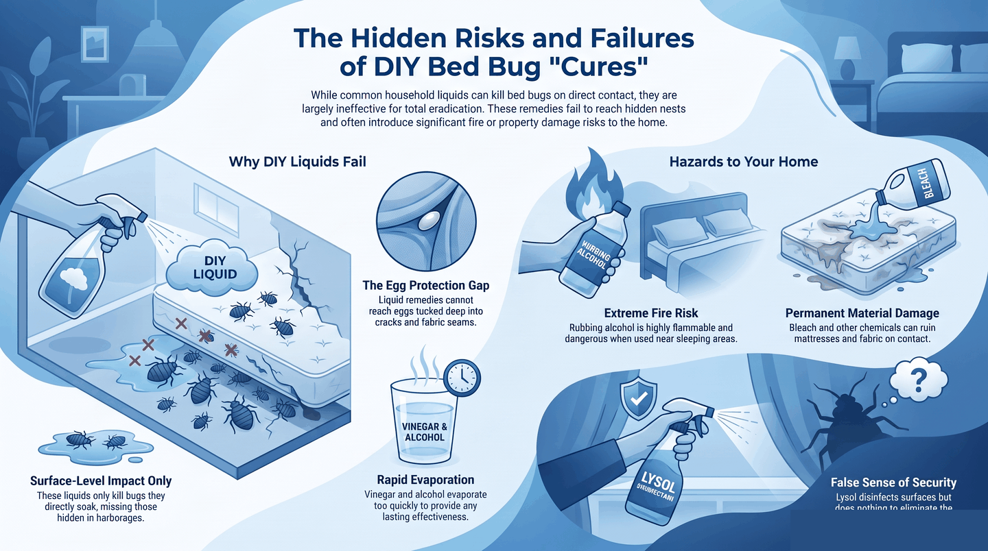 Infographic explaining why home remedies like alcohol, bleach, Lysol and vinegar only kill bed bugs on direct contact