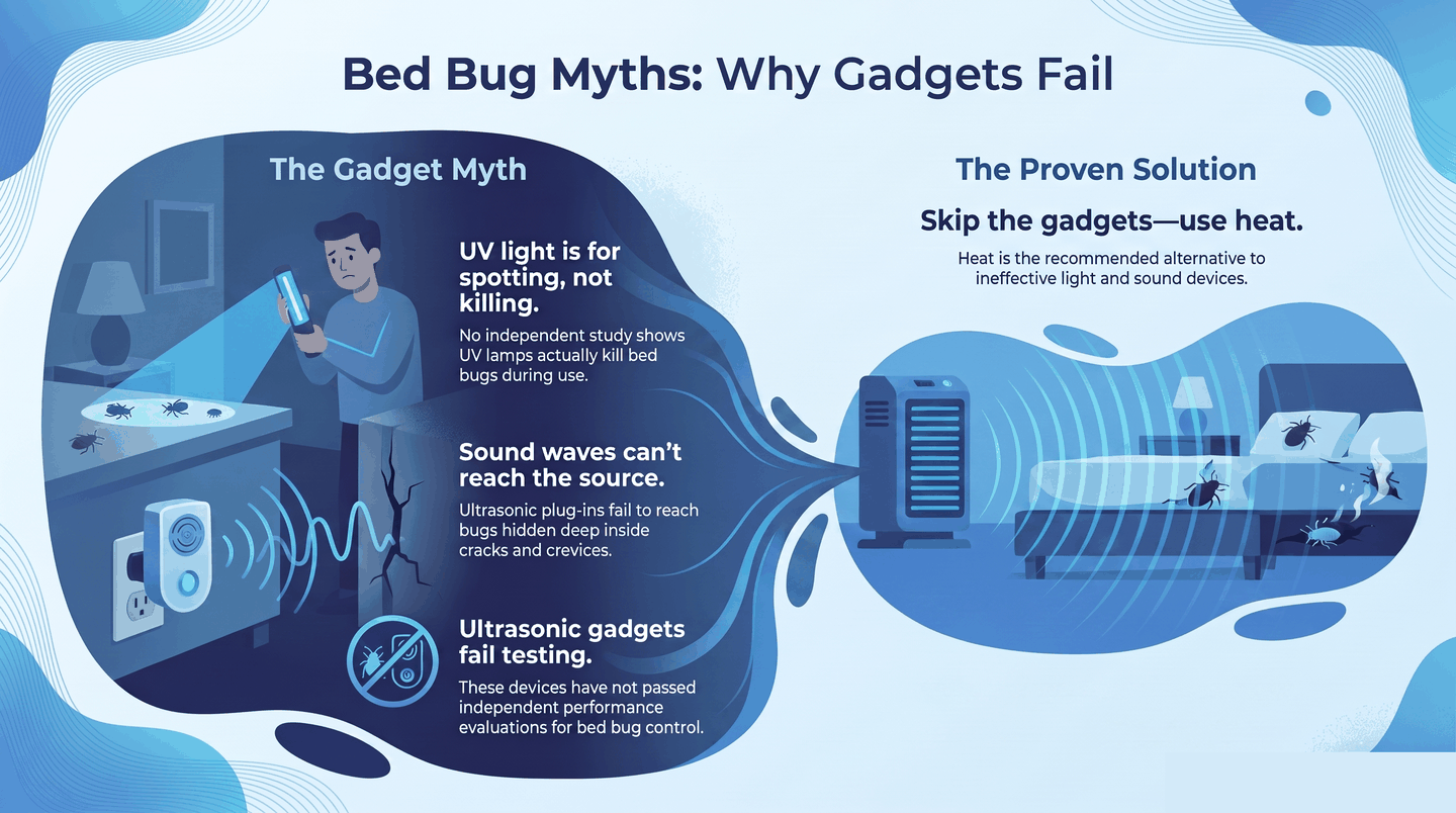 Infographic showing UV light and ultrasonic devices have no evidence of killing bed bugs
