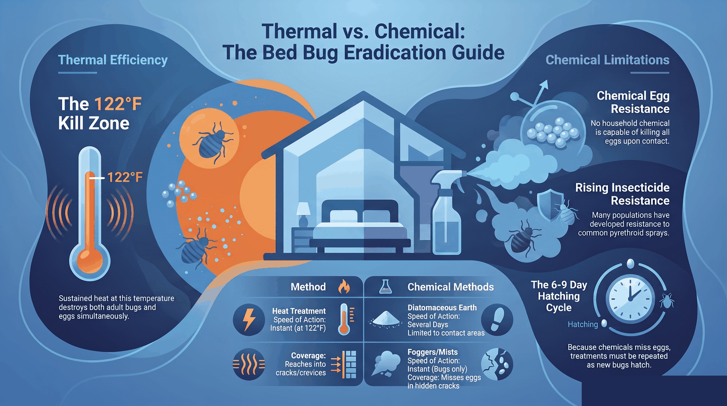 Infographic comparing heat treatment versus chemical methods for killing bed bug eggs, showing pyrethroid resistance