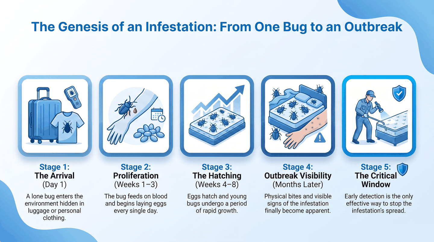 Timeline showing how a bed bug infestation grows from one bug