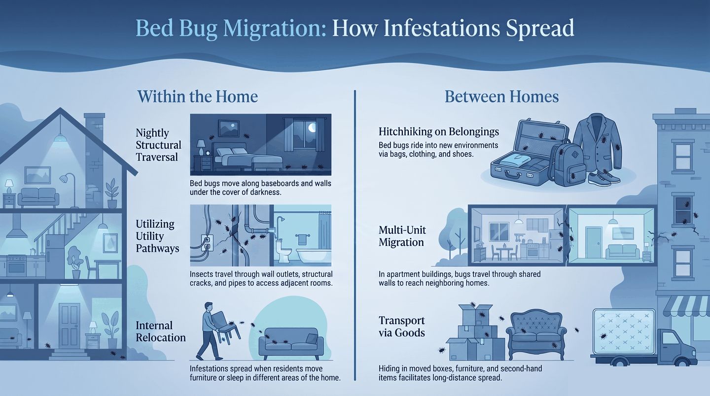 Two-column infographic showing bed bug spread within and between homes