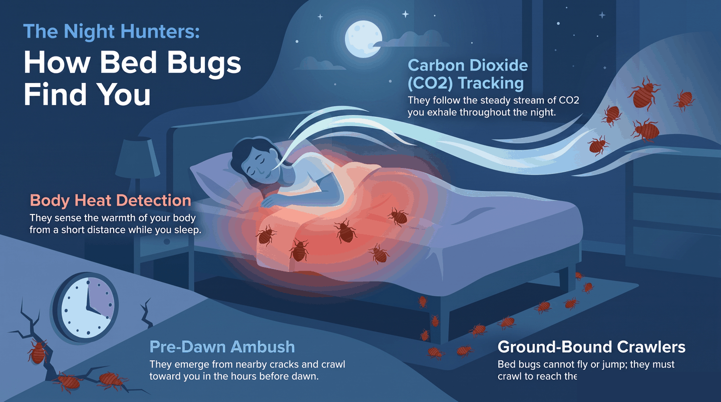 Infographic showing bed bug heat and CO2 detection cues