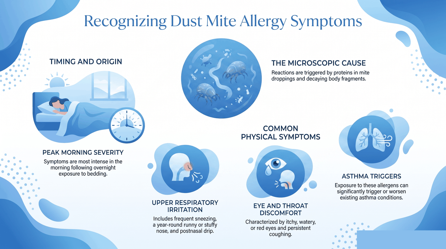 Infographic showing dust mite allergy symptoms including sneezing, runny nose, itchy eyes, coughing, and asthma triggers