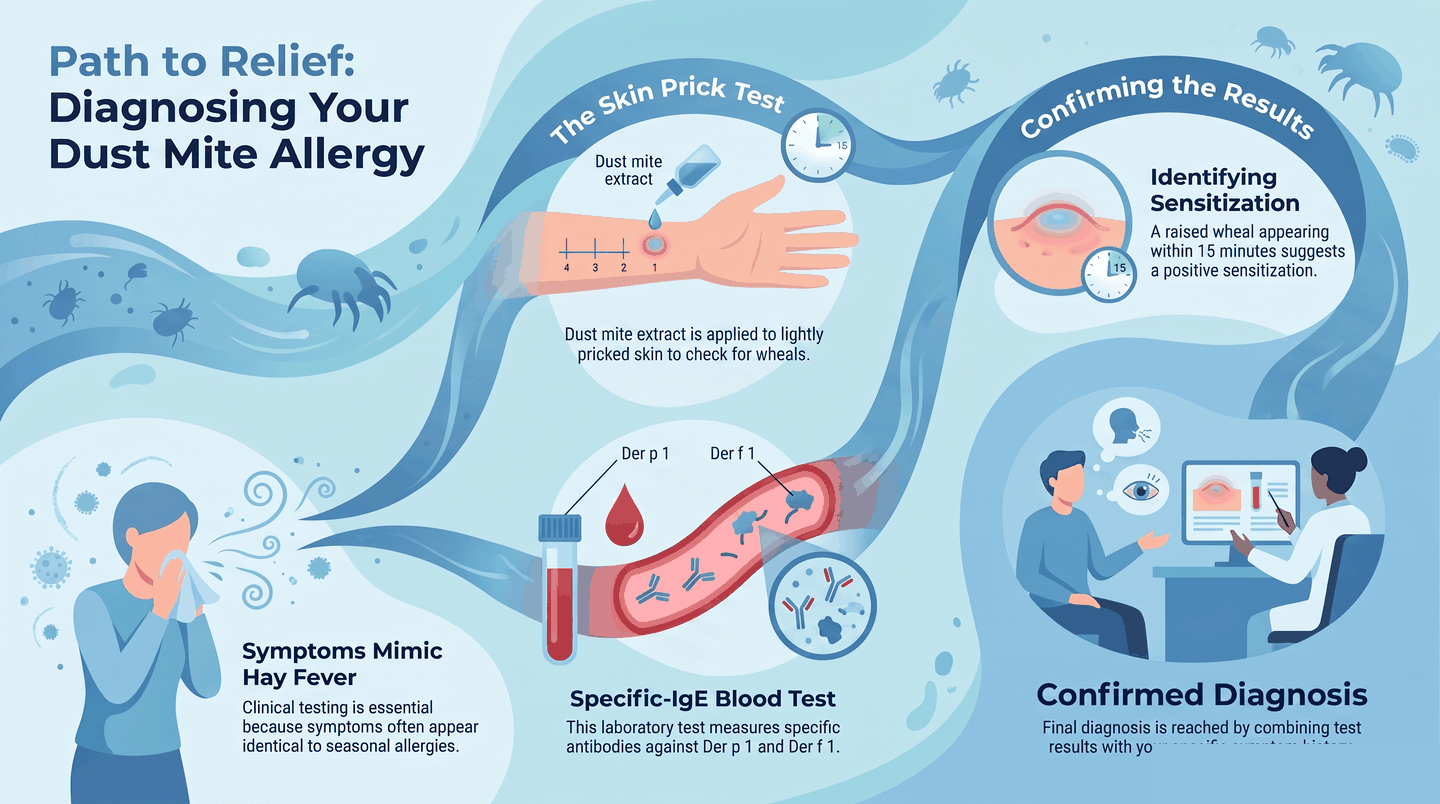 Infographic comparing skin prick test and specific-IgE blood test for diagnosing dust mite allergy