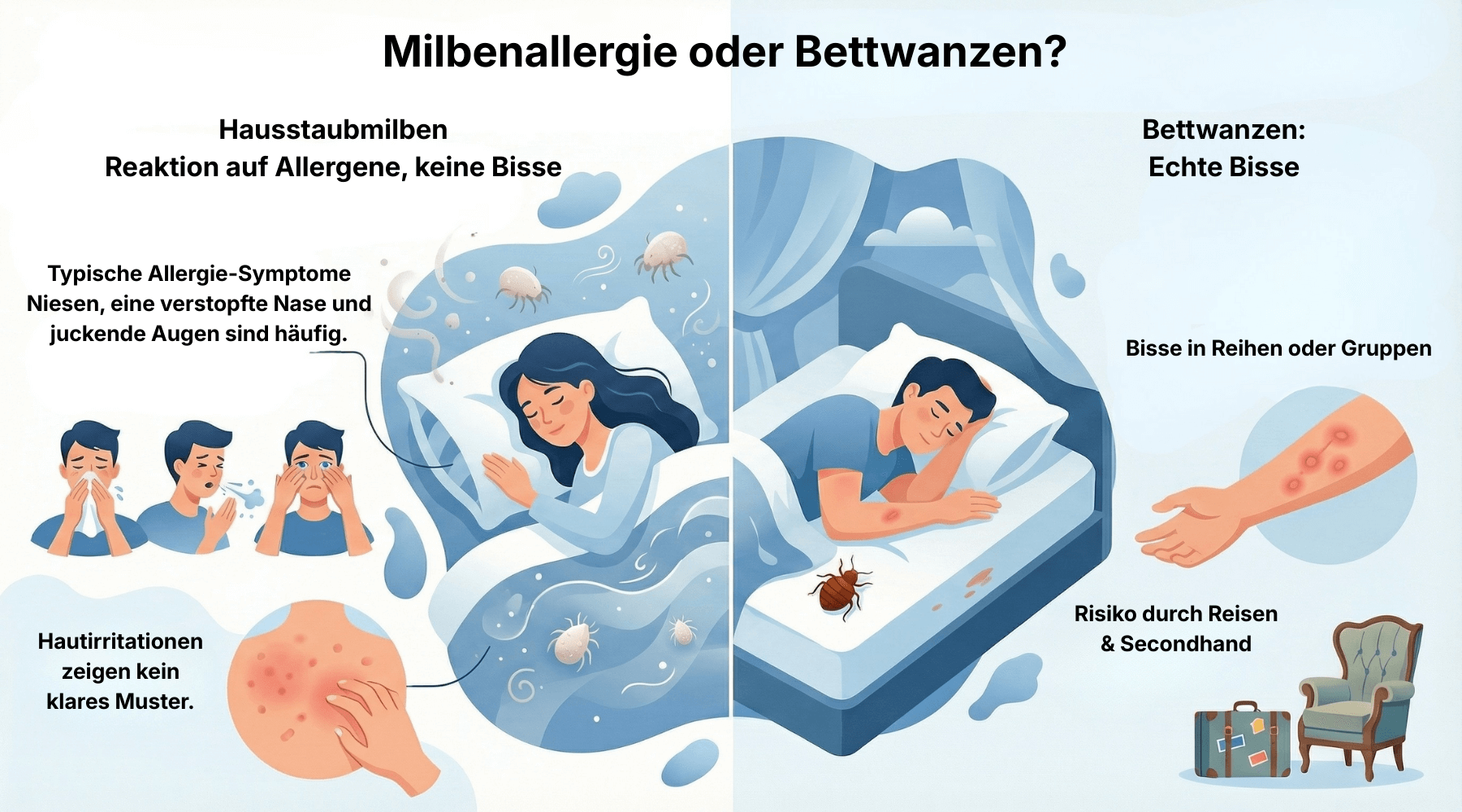Side-by-side comparison of a dust mite allergy reaction versus real bed bug bites