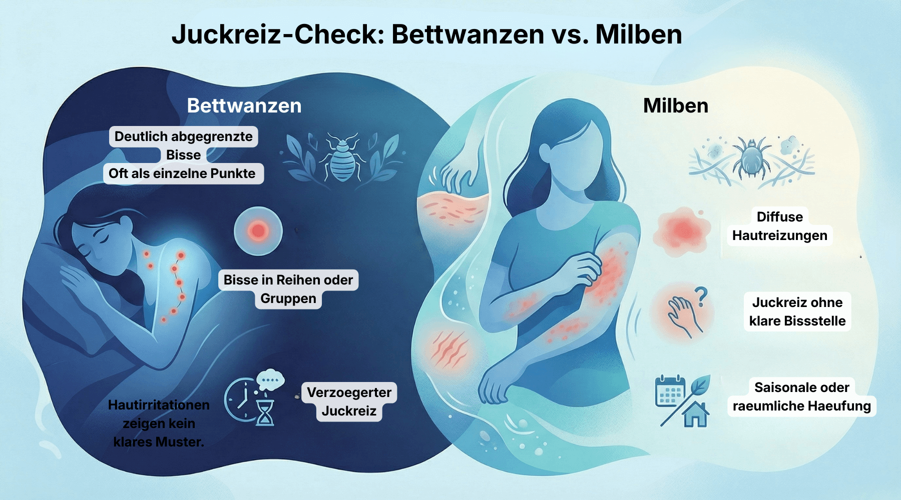Itch comparison infographic showing bed bug bites in lines versus diffuse dust mite skin irritation