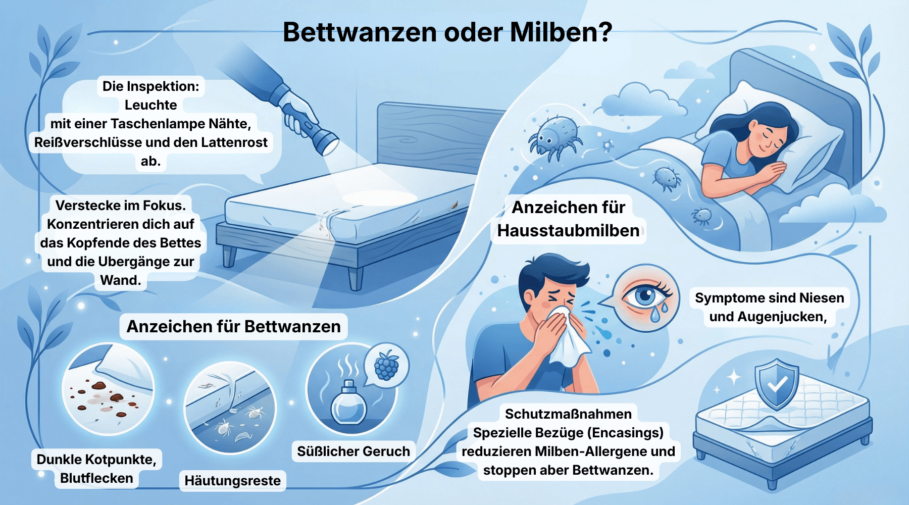Inspection guide showing bed bug evidence like droppings and shed skins versus dust mite allergy signs