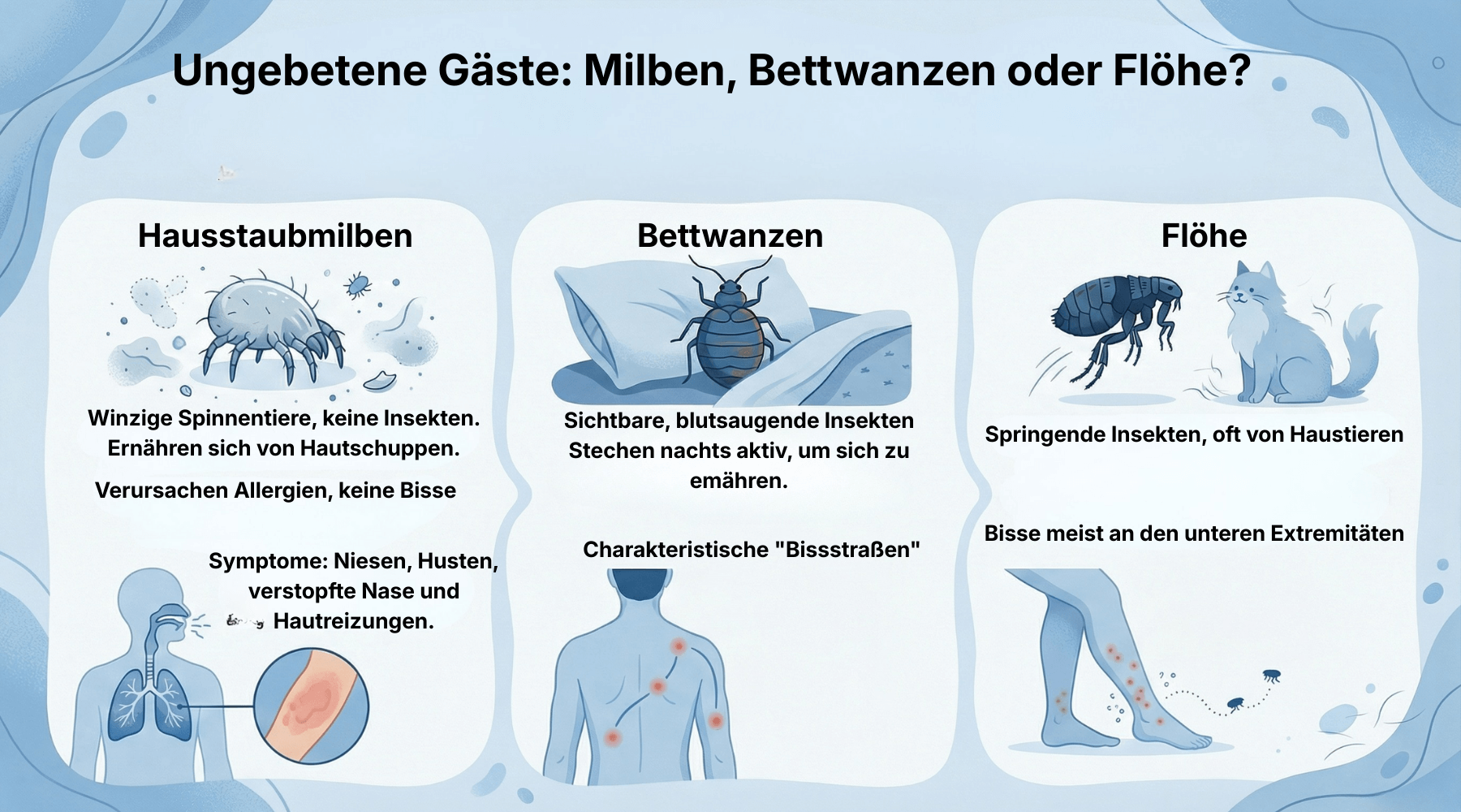 Three-way comparison of dust mites, bed bugs and fleas and the skin signs each leaves