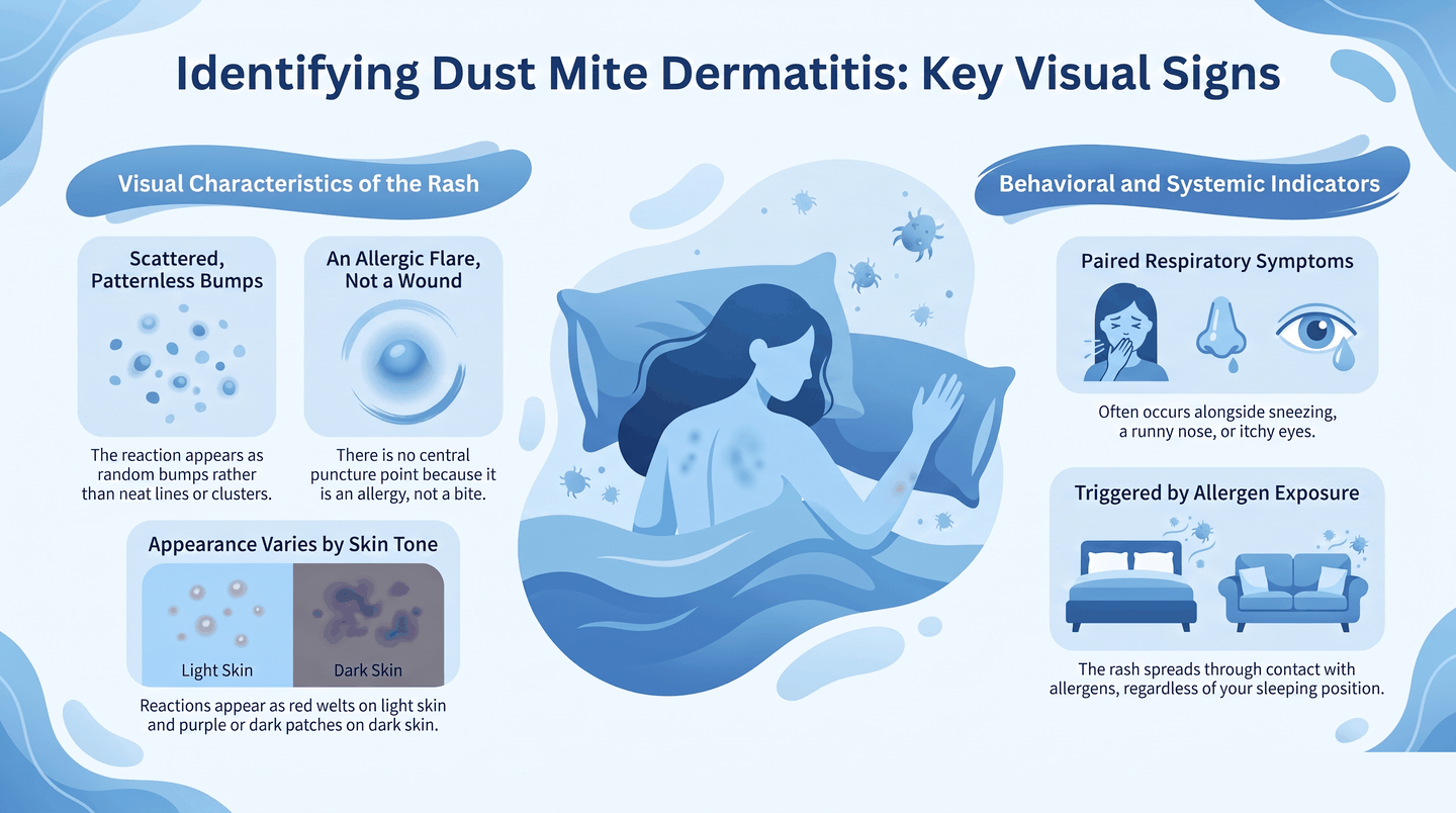 Infographic showing dust mite skin reaction: scattered patternless bumps with no central puncture, appearing red on light skin and purple or dark brown on dark skin, often paired with sneezing and runny nose