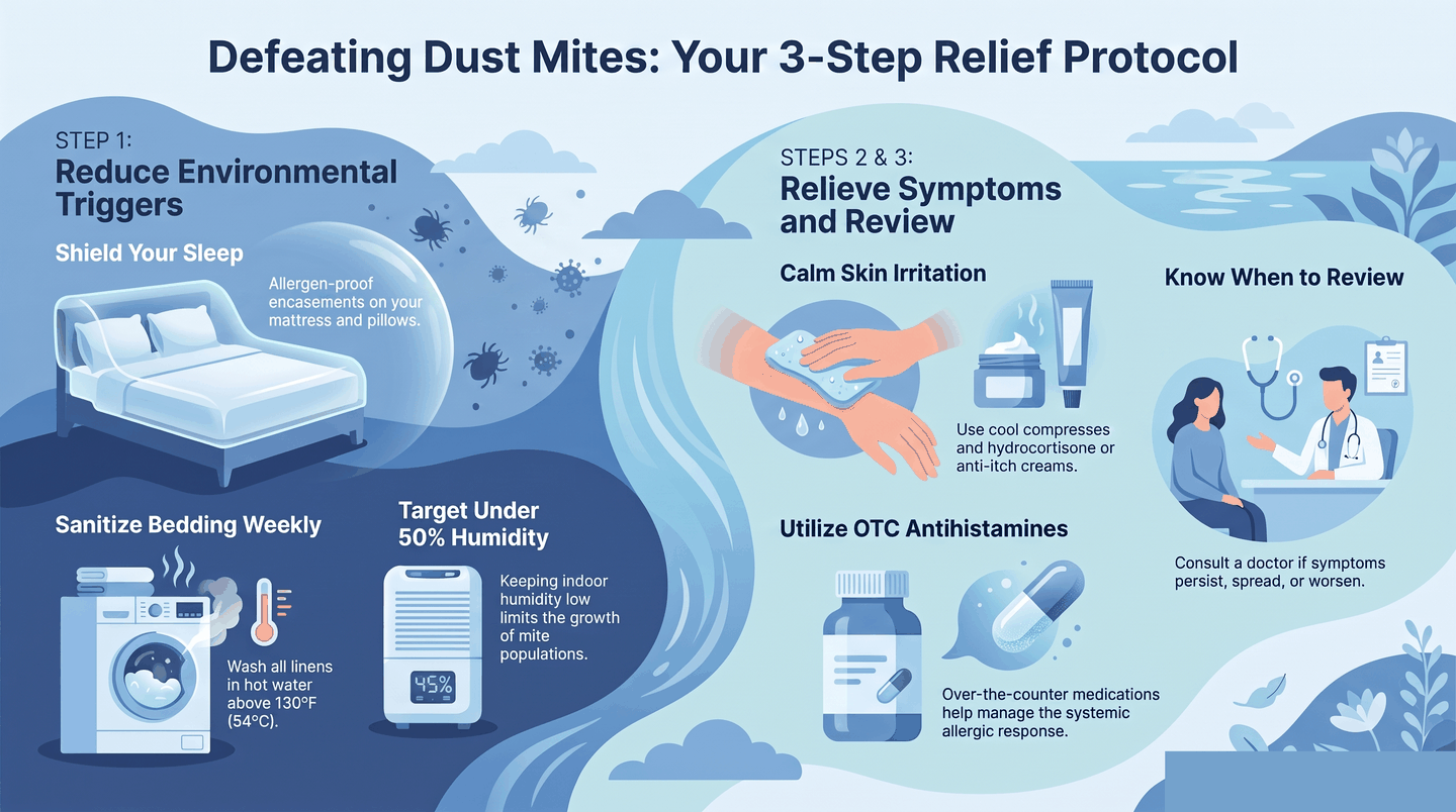 Three-step infographic for treating dust mite allergic skin reactions: reduce allergen exposure with encasements and hot washing, relieve symptoms with compresses and antihistamines, review with a doctor if symptoms persist or worsen