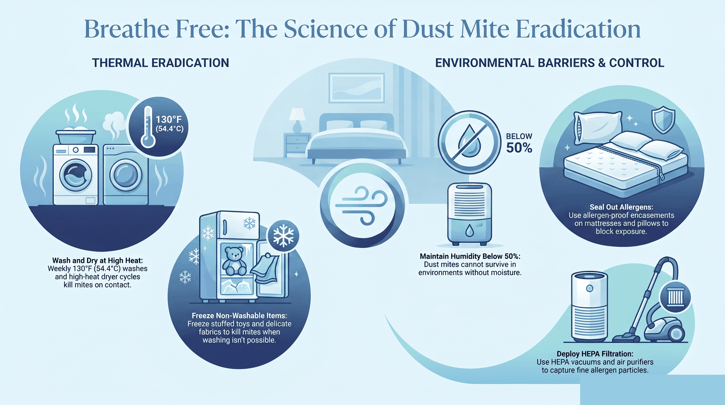 Infographic showing how heat at 130°F, low humidity below 50%, allergen-proof encasements, and HEPA filtration kill and control dust mites