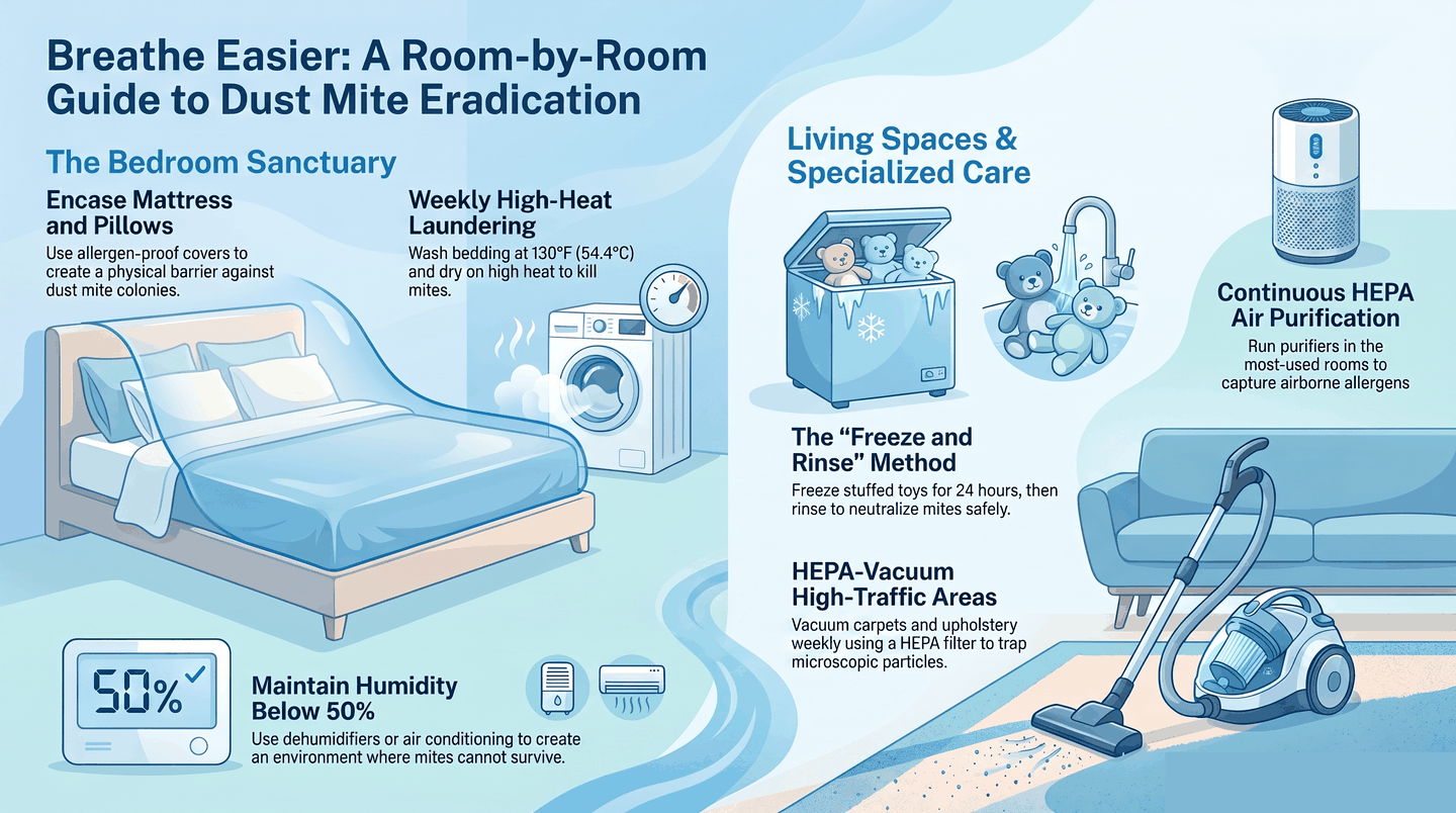Room-by-room infographic for dust mite removal covering bedroom encasements, weekly hot washing at 130°F, humidity control, and HEPA vacuuming