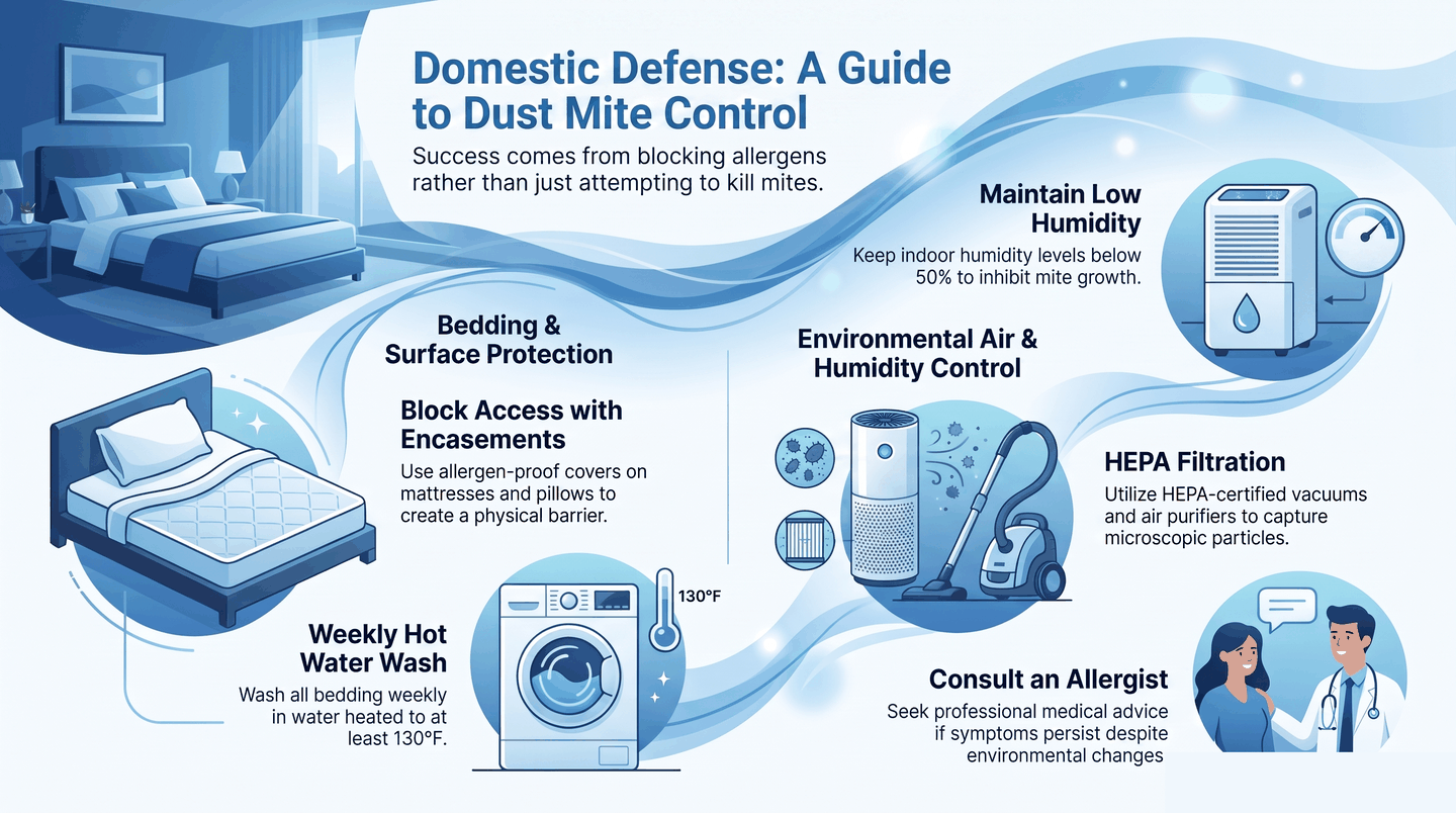 Dust mite treatment infographic showing encasements, hot washing at 130°F, humidity below 50%, HEPA filtration, and allergist consultation