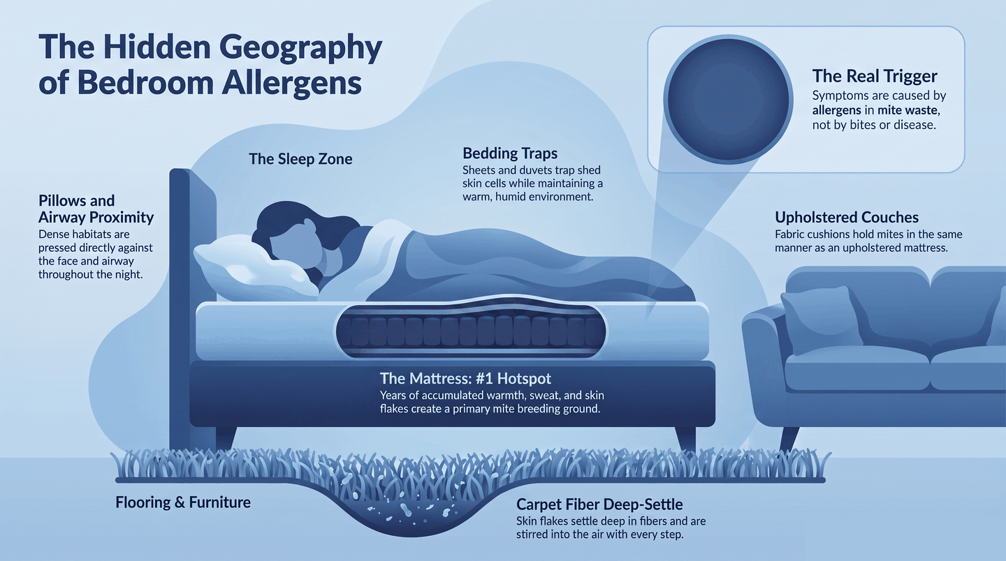Infographic showing where dust mites hide in the bedroom — mattress, pillows, bedding, carpet, and couch