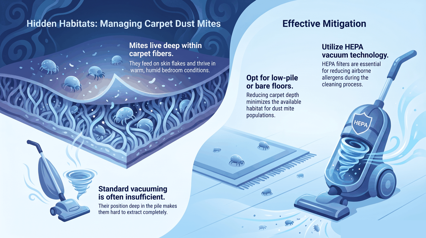 Infographic showing dust mites living deep in carpet fibers and how HEPA vacuuming reduces allergens