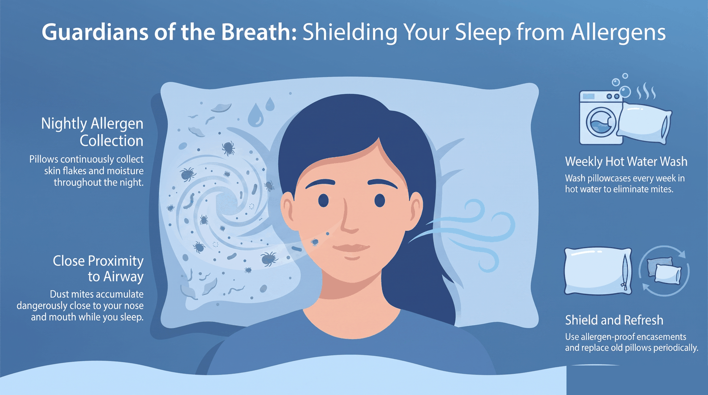 Infographic showing dust mites accumulating in pillows close to the airway and steps to reduce them