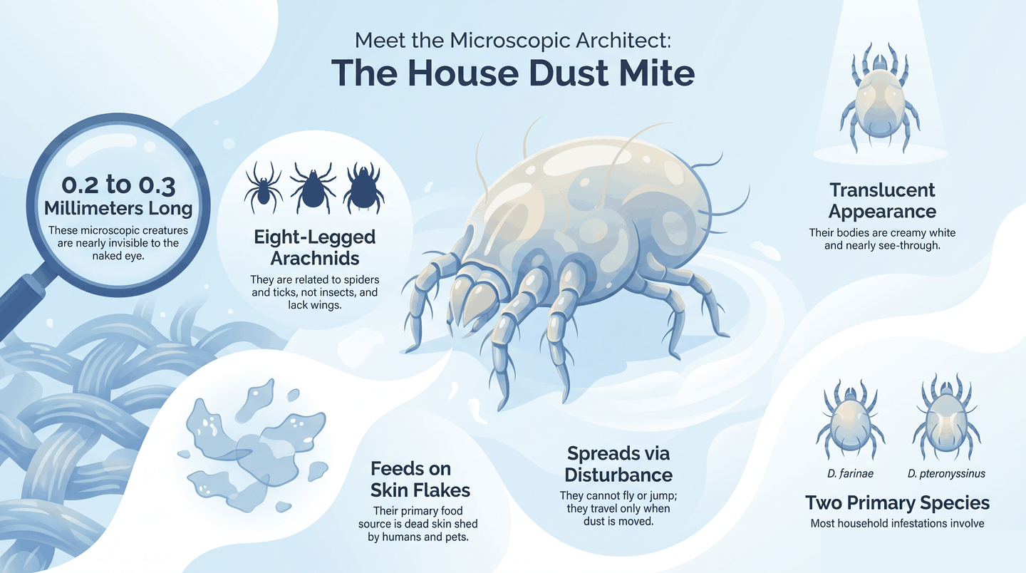 Infographic showing house dust mite anatomy: 8 legs, 0.2 to 0.3 mm size, two main species D. farinae and D. pteronyssinus