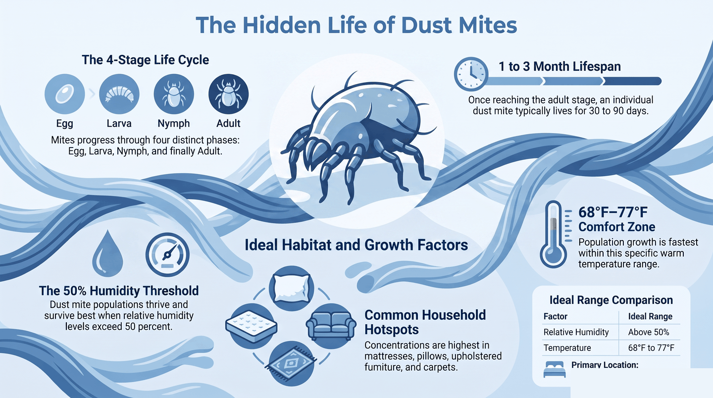 Infographic showing dust mite life cycle egg larva nymph adult, thrives above 50 percent humidity, and common household hotspots